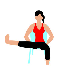 Fototapeta na wymiar Beautiful young woman doing exercises with chair at home. A young girl exercising fitness training. Vector flat illustration.