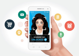 Vector graphics showing a hand holding a smartphone with face recognition system to unlock the application. Identification of a woman's face