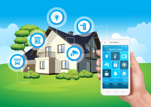 Vector design depicting a modern smart home controlled by a mobile application on a smartphone