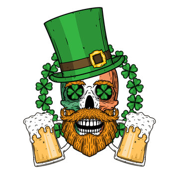 Irish skull. The skull of Saint Patrick's with green hat, glass beer and clover leaves.