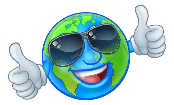 An earth globe world cartoon character mascot wearing shades or sunglasses and giving a thumbs up