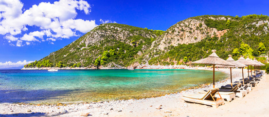 Best beaches of Skopelos island - Limnonari bay with crystal waters. Sporades islands of Greece