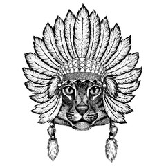 Wild animal wearing inidan headdress with feathers. Boho chic style illustration for tattoo, emblem, badge, logo, patch. Children clothing.