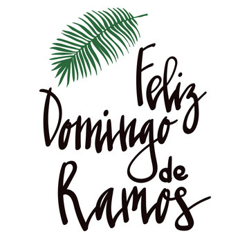 Feliz Domingo de Ramos - Happy Palm Sunday - celebration card with handwritten lettering and palm leaf. Hand drawn vector in mimal style.