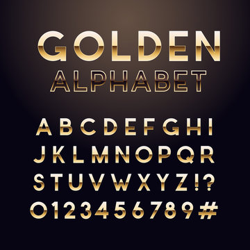 Golden glossy font. English alphabet and numbers sign. Metallic letters. Vector template.