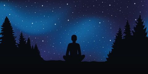 Fototapeta na wymiar sitting person in meditation pose looks in the starry sky vector illustration EPS10