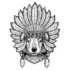 Wild animal wearing inidan headdress with feathers. Boho chic style illustration for tattoo, emblem, badge, logo, patch. Children clothing.