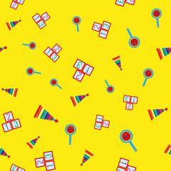 Colorful seamless pattern with children's toys. Repetitive pyramids, rattles, cubes with numbers. Vector illustration.