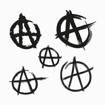 Set of Anarchy symbols. Painted with rough grunge brushes. Vector illustration.
