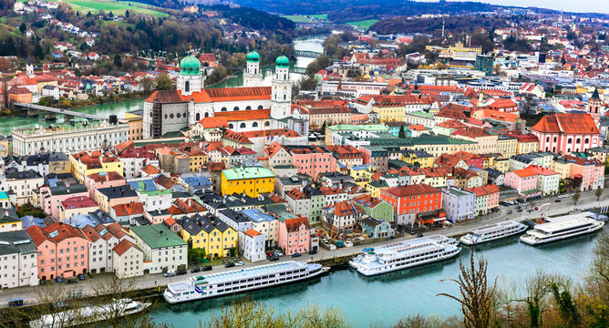 Ultra High Resolution View of Passau, Old World Charm Bavaria with St. Stephen's Cathedral Blue Domes, Danube River Cruise Ships at Port, Scenic Cityscape, German Travel Landmark