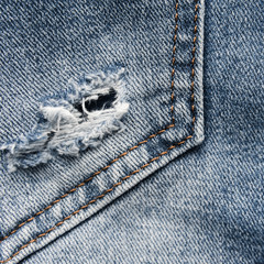 Denim blue jeans texture with scuffs and holes. Abstract background.