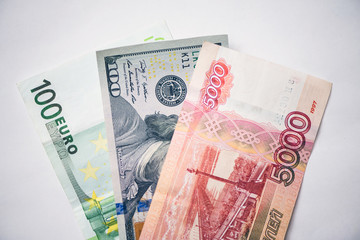 Obraz premium Dollar, euro,ruble banknotes. International currencies.