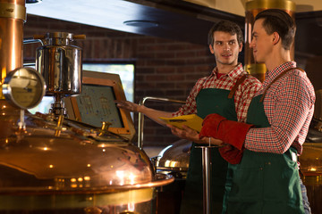 Brewer looking at colleague, holding yellow folder and pointing with finger at screen. Workers discussing procedure of beer brewing. Men working with machinery and professional equipment.