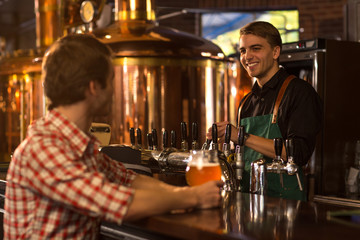Man sitting at bar counter in beer house  with beer glass in hand. Barmen in black shirt looking at client and smiling. Bronzed kettles and reservoirs of brewery behind.