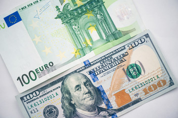 Dollar, euro banknotes. International currencies.