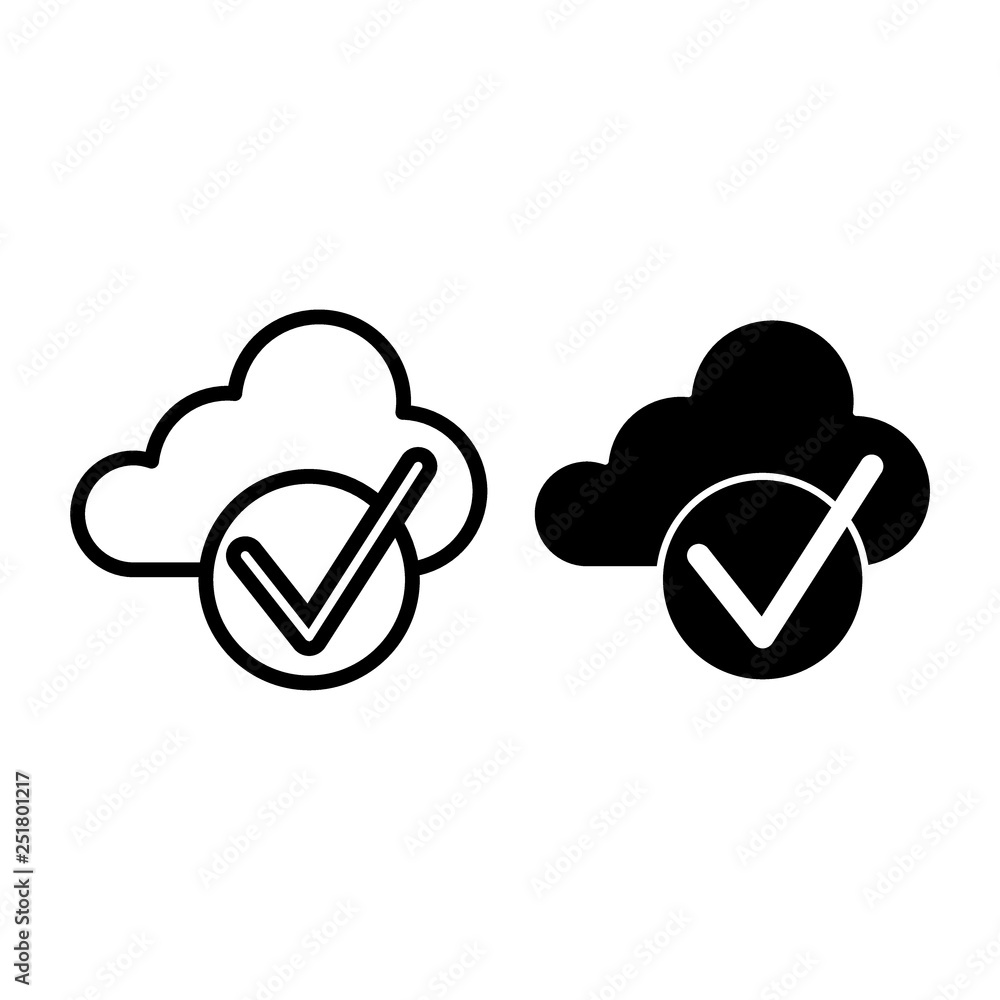 Aufkleber cloud with check line and glyph icon. cloud and tick vector illustration isolated on white. download