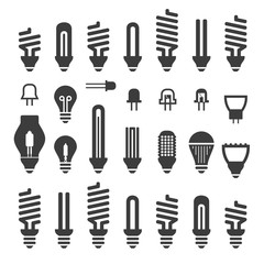 Set Light bulbs, Led lamps types, fluorescent, filament, halogen, diode and other illumination. Electric shop ideas.