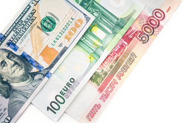 Fototapeta na wymiar Dollar, euro,ruble banknotes. International currencies.