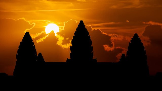 Angkor Wat at Sunset, is a Temple Complex in Cambodia and one of the Largest Religious Monuments in the World. Originally Constructed as a Hindu temple  it was gradually transformed into a Buddhist te