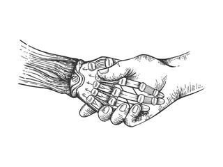 Mechanical human robot handshake sketch engraving vector illustration. Scratch board style imitation. Black and white hand drawn image.