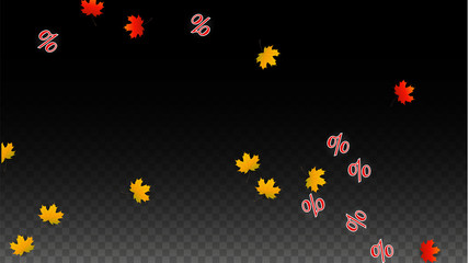 Vector Percentage Sign and Autumn Leaves Confetti on Transparent Background. Percent Sale Background. Business, Economics, Finance Print. Discount Illustration. Promotion poster. Black Friday Banner. 