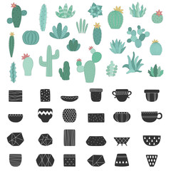 Vector set of cacti and black pots. Hand-drawn illustration of a cactus in scandinavian style. Summer collection for decor, card, home, interior, print, poster, banner