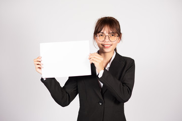 young business stand on isolated background and Show Advertisement label.