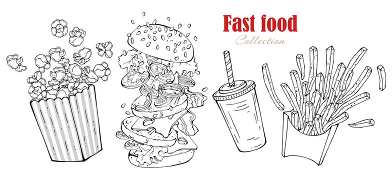 Vector fast food: burger, french fries, popcorn, drink.
