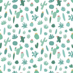 Seamless pattern of hand-drawn green tropical cacti. Vector illustration of a cactus in the Scandinavian style for the summer, children, print, background, typography, nursery, baby, home © Anton