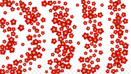 Vector Realistic Red Flowers Falling on Transparent Background.  Spring Romantic Flowers Illustration. Flying Asian Rose Spa Design. Blossom Confetti. Design Elements for Wedding Decoration.