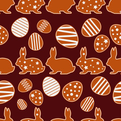 Seamless Happy Easter vector pattern. Figures from gingerbread on a brown background. Festive spring. Can be used for wallpaper, textile, invitation card, wrapping, web page background.