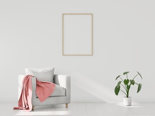 Minimalistic modern interior with an armchair, poster mockup for your design. You can use this mockup to display your artwork. 3D render.