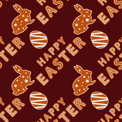 Seamless Happy Easter vector pattern. Figures from gingerbread on a brown background. Festive spring. Can be used for wallpaper, textile, invitation card, wrapping, web page background.