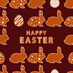 Seamless Happy Easter vector pattern. Figures from gingerbread on a brown background. Festive spring. Can be used for wallpaper, textile, invitation card, wrapping, web page background.