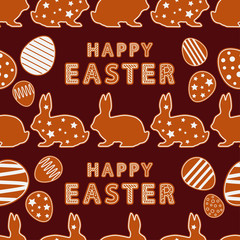Seamless Happy Easter vector pattern. Figures from gingerbread on a brown background. Festive spring. Can be used for wallpaper, textile, invitation card, wrapping, web page background.