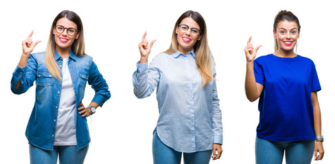 Obraz premium Collage of young beautiful woman wearing glasses over isolated background smiling and confident gesturing with hand doing size sign with fingers while looking and the camera. Measure concept.