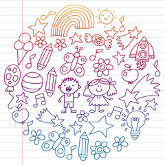 Children garden, Patern, Hand drawn children garden elements pattern, doodle illustration, Vector, illustration, Vertical, gradient.
