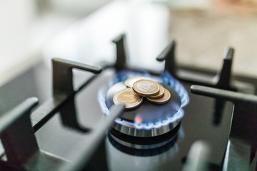 Cost of gas, concept crisis. Gas stove with coins in flame. The cost of methane. Gas coins more...