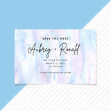 save the date card with abstract blue pink watercolor background