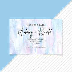 save the date card with abstract blue pink watercolor background