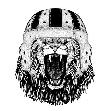 Cool lion wearing rugby helmet Extreme sport game Hand drawn image of lion for tattoo, t-shirt, emblem, badge, logo, patch