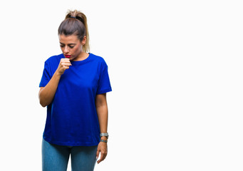 Young beautiful woman wearing casual blue t-shirt over isolated background feeling unwell and coughing as symptom for cold or bronchitis. Healthcare concept.