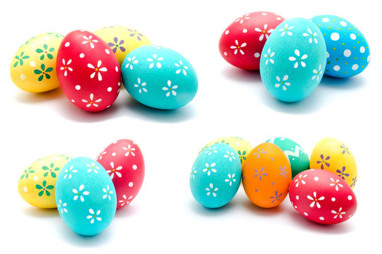 Collection of photos perfect colorful handmade easter eggs isolated