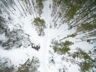 Winter landscape on road in a green forest. Drone view photo on a cloudy day. Aerial top view beautiful snowy landscape