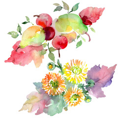 Bouquets with flowers and fruits. Watercolor background illustration set. Isolated bouquets illustration element.