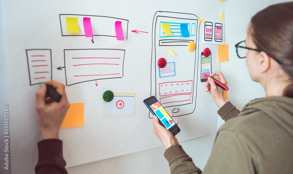 Poster designer develops applications for mobile phones. people creates a prototype user experience interfa