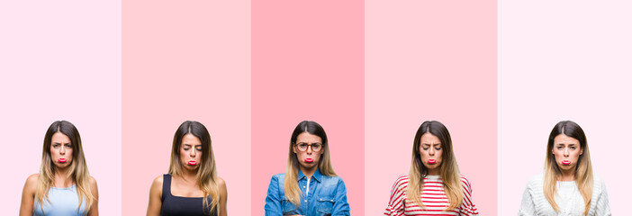 Collage of young beautiful woman over pink stripes isolated background depressed and worry for distress, crying angry and afraid. Sad expression.