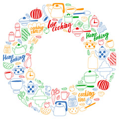 Vector set of children's kitchen and cooking drawings icons in doodle style. Painted, colorful, pictures on a piece of paper on white background.