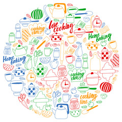 Vector set of children's kitchen and cooking drawings icons in doodle style. Painted, colorful, pictures on a piece of paper on white background.