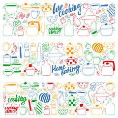Fototapeta na wymiar Vector set of children's kitchen and cooking drawings icons in doodle style. Painted, colorful, pictures on a piece of paper on white background.